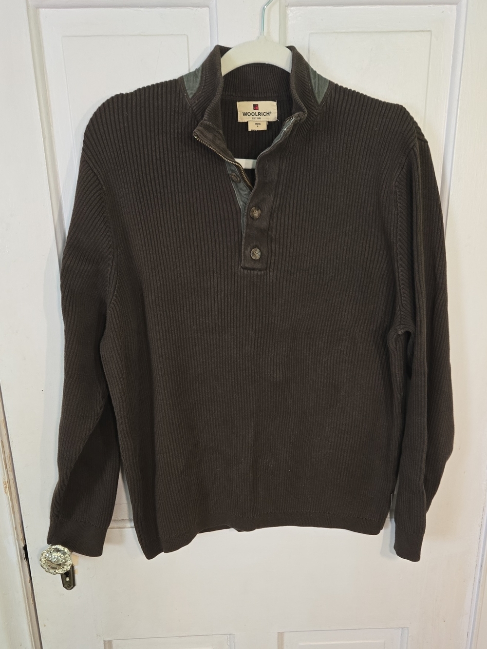 Men's Woolrich Men's Dark Brown Ribbed Zip-Neck Sweater Size L